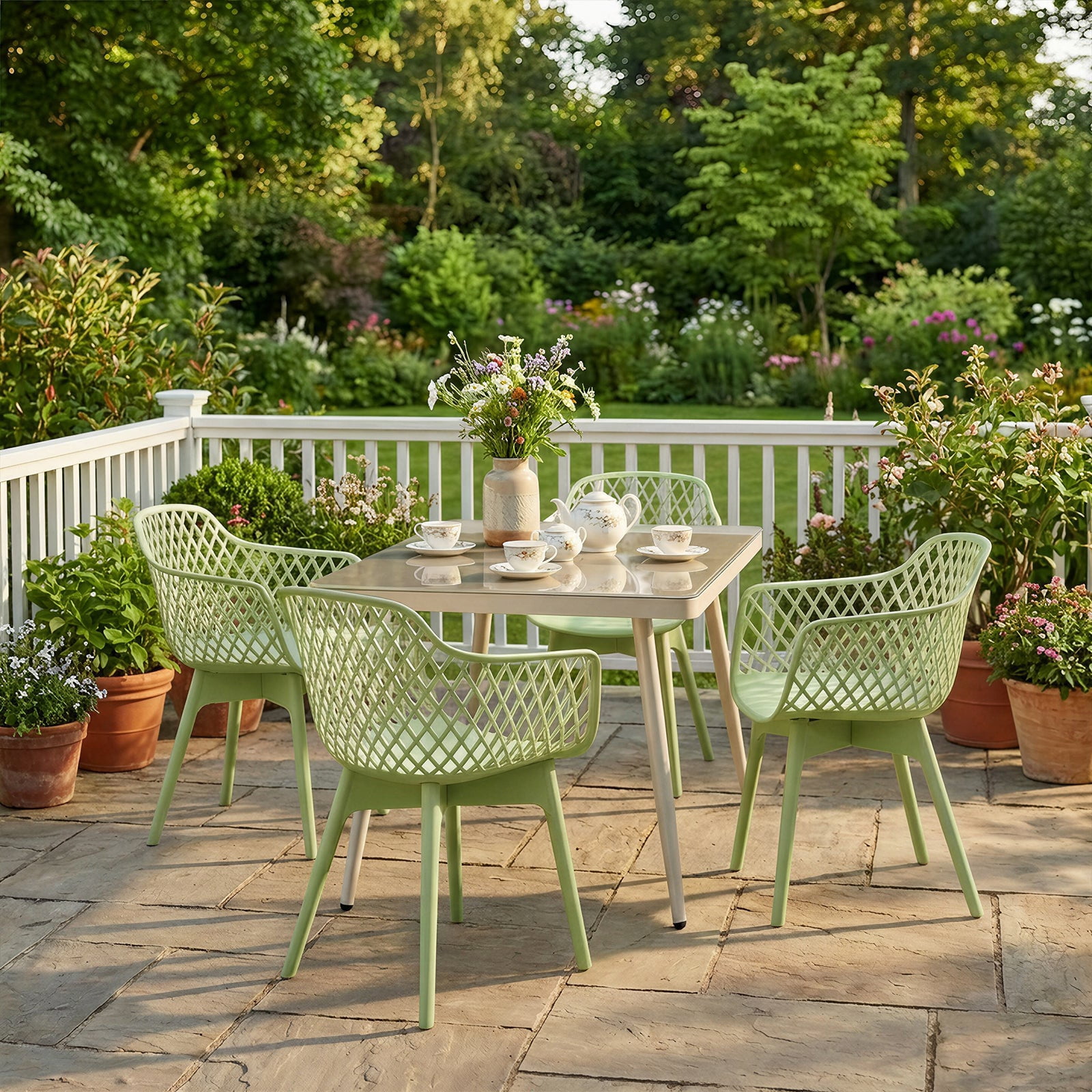 Aoodor Modern Dining Chairs Set of 2, Weather-Resistant Plastic Cafe Chairs with Ergonomic Back and Non-Slip Pad, Suitable for Patio, Restaurant, Yard, Porch, Balcony, Green