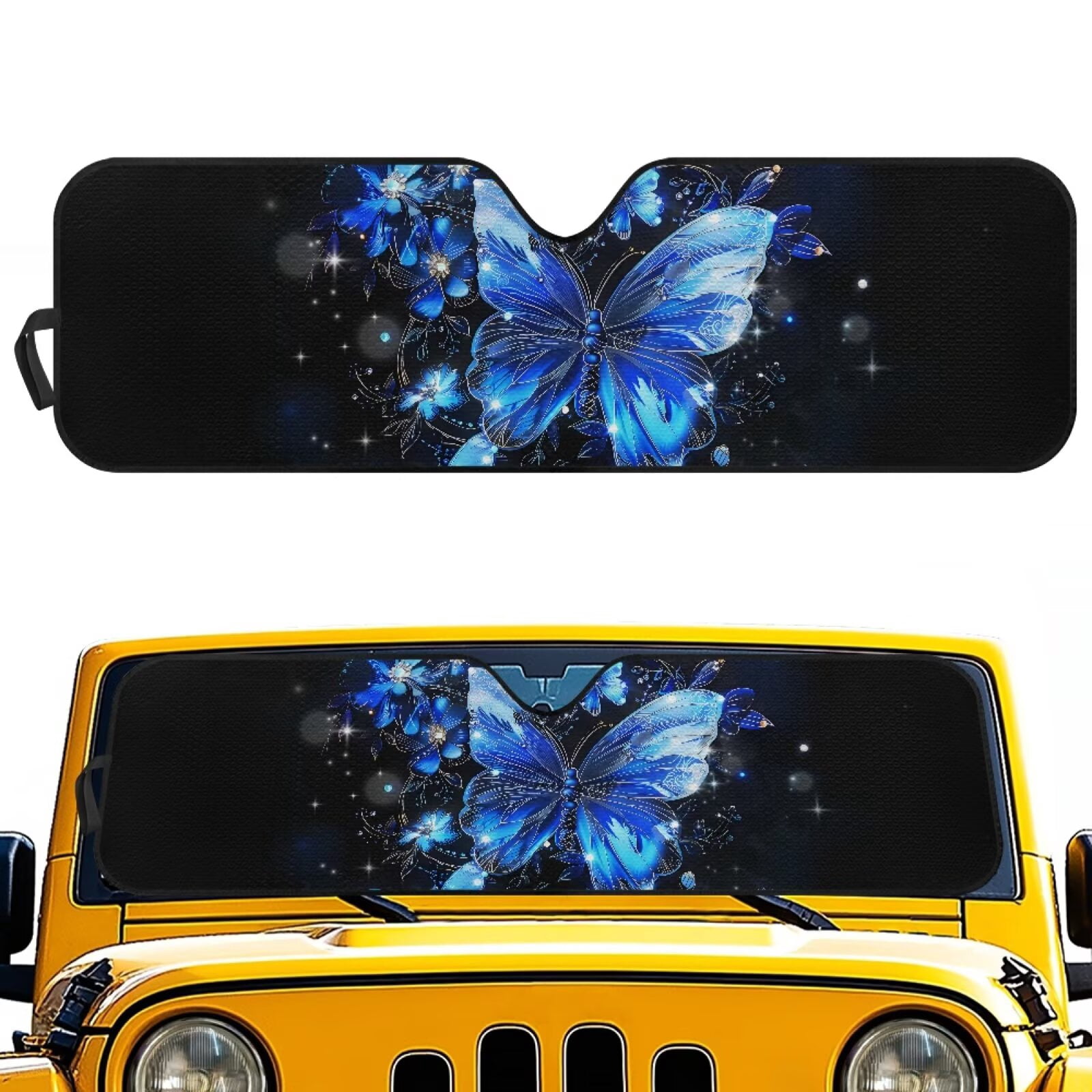 Uorisanigo Windshield Sun Shade for Jeep Wrangler TJ JK JKU 1997-2018 Foldable Blue Butterfly Front Window Sunshade Prevent Dashboard Fades and Cracks