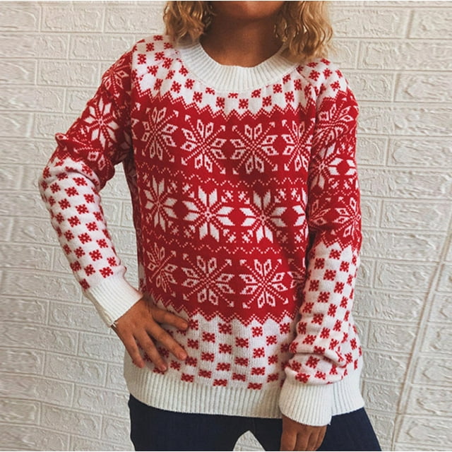 TIMIFIS Chandail de Noël pour Femmes chandail Décontracté Chandails de Vacances Hauts Décontractés Vintage Flocon de Neige Imprimé Col Rond Manches Longues Hiver
