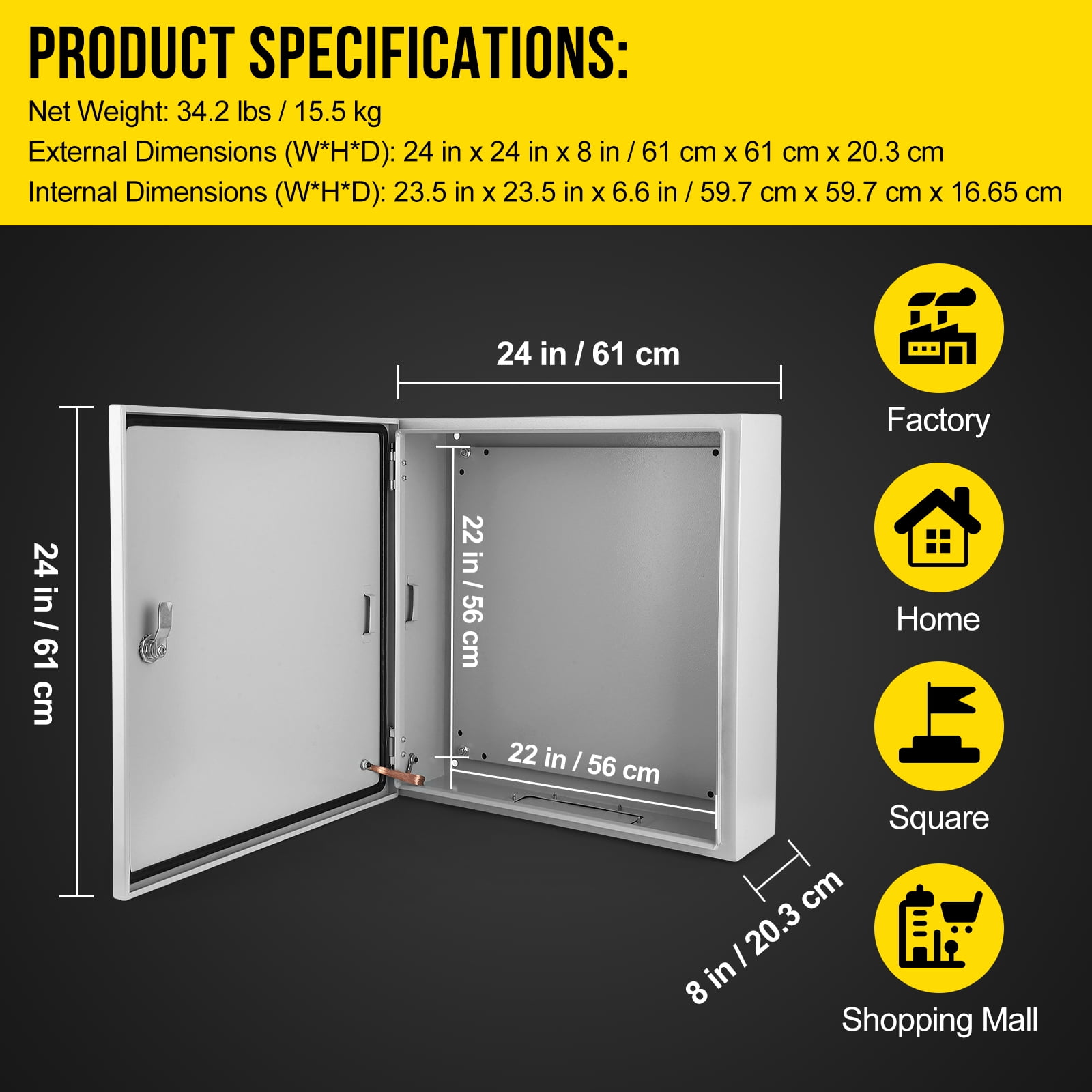 Kojooin 24 x 24 x 8 Inch Steel Electrical Box, NEMA 4X Waterproof Dustproof Lockable Junction Box with Mounting Plate