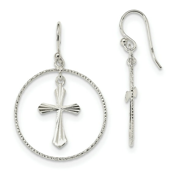 Primal Silver Sterling Silver Diamond-cut Cross Dangle in Ring Earrings