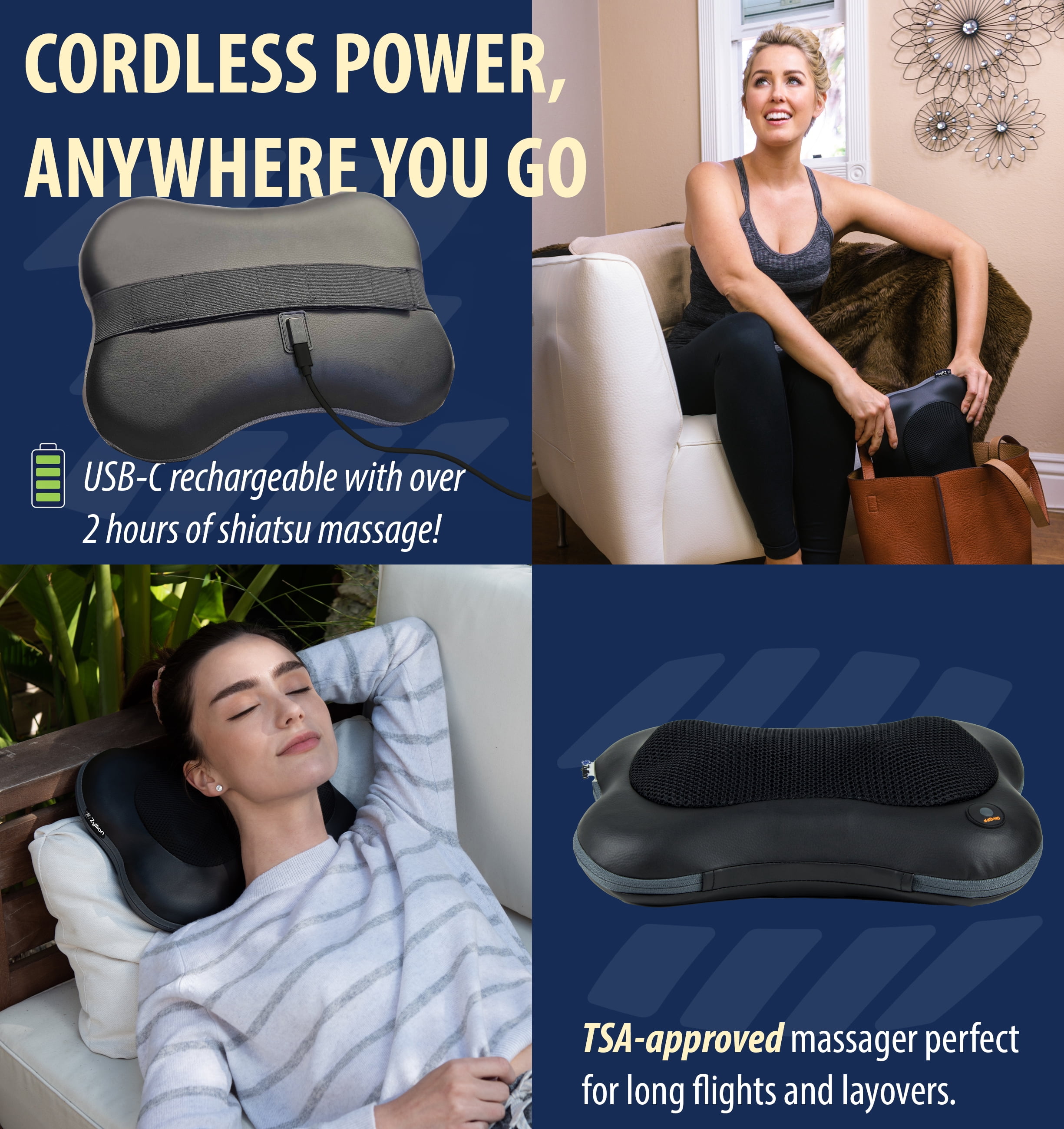 Zyllion Rechargeable Shiatsu Back & Neck Massager 3D Kneading Cordless Massage Pillow with Heat for Muscle Pain, Black