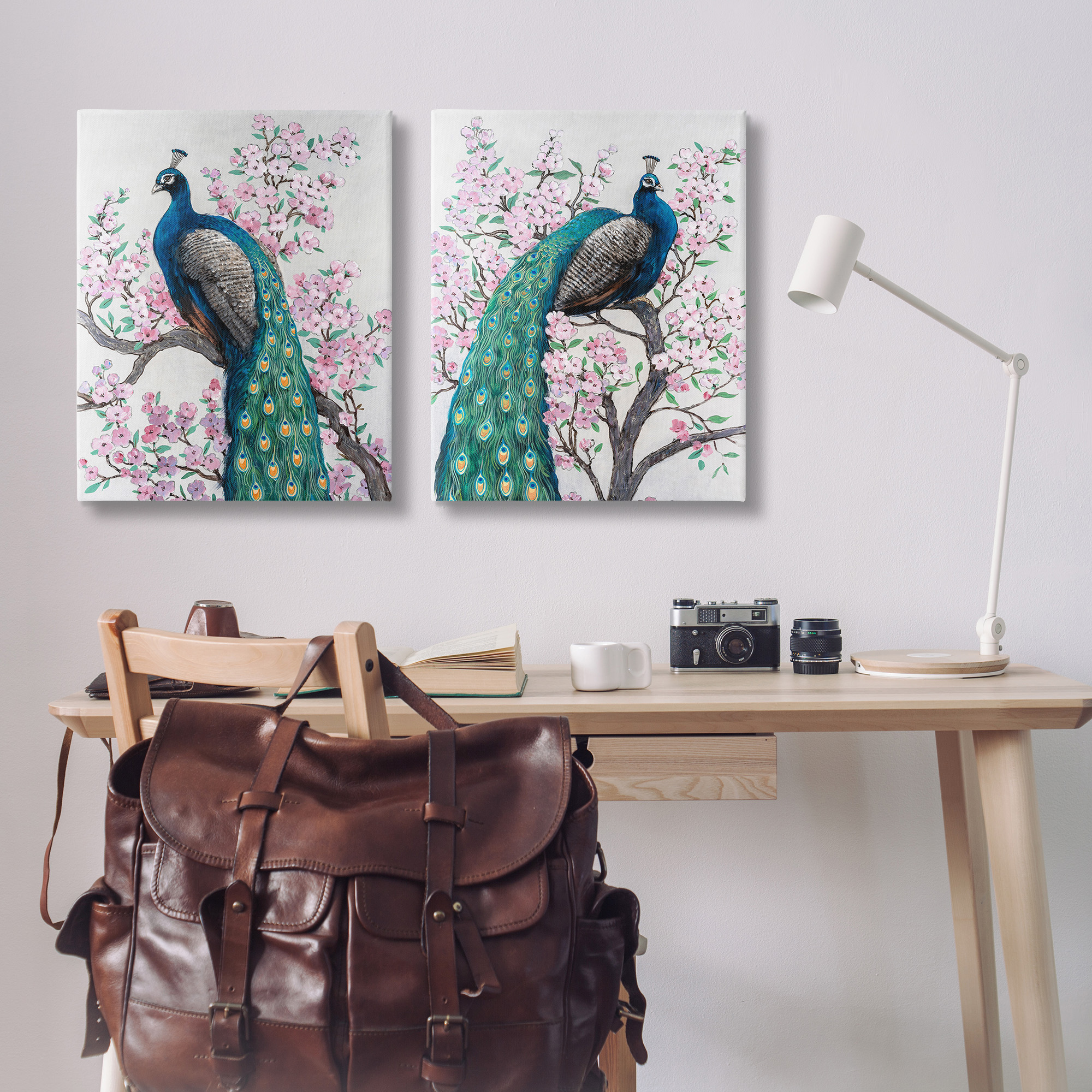 Stupell Industries Floral Peacocks Perched Animals & Insects Painting Gallery Wrapped Canvas Art Print Wall Art, 24 x 30, Set of 2