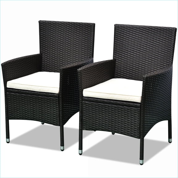 Outdoor Dining Chairs, 2 Piece Stackable Set with Cushions, for Patio Garden Backyard, Dark Brown | Rattan Metal | Solid Back