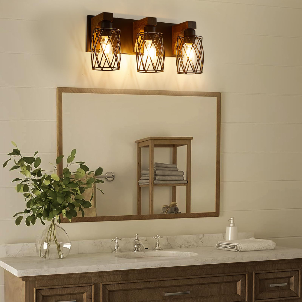 3-Light Wall Sconce, Black Metal Cage Fixture, Vintage Industrial Style for Bathroom/Hallway/Living Room, Bulbs Not Included