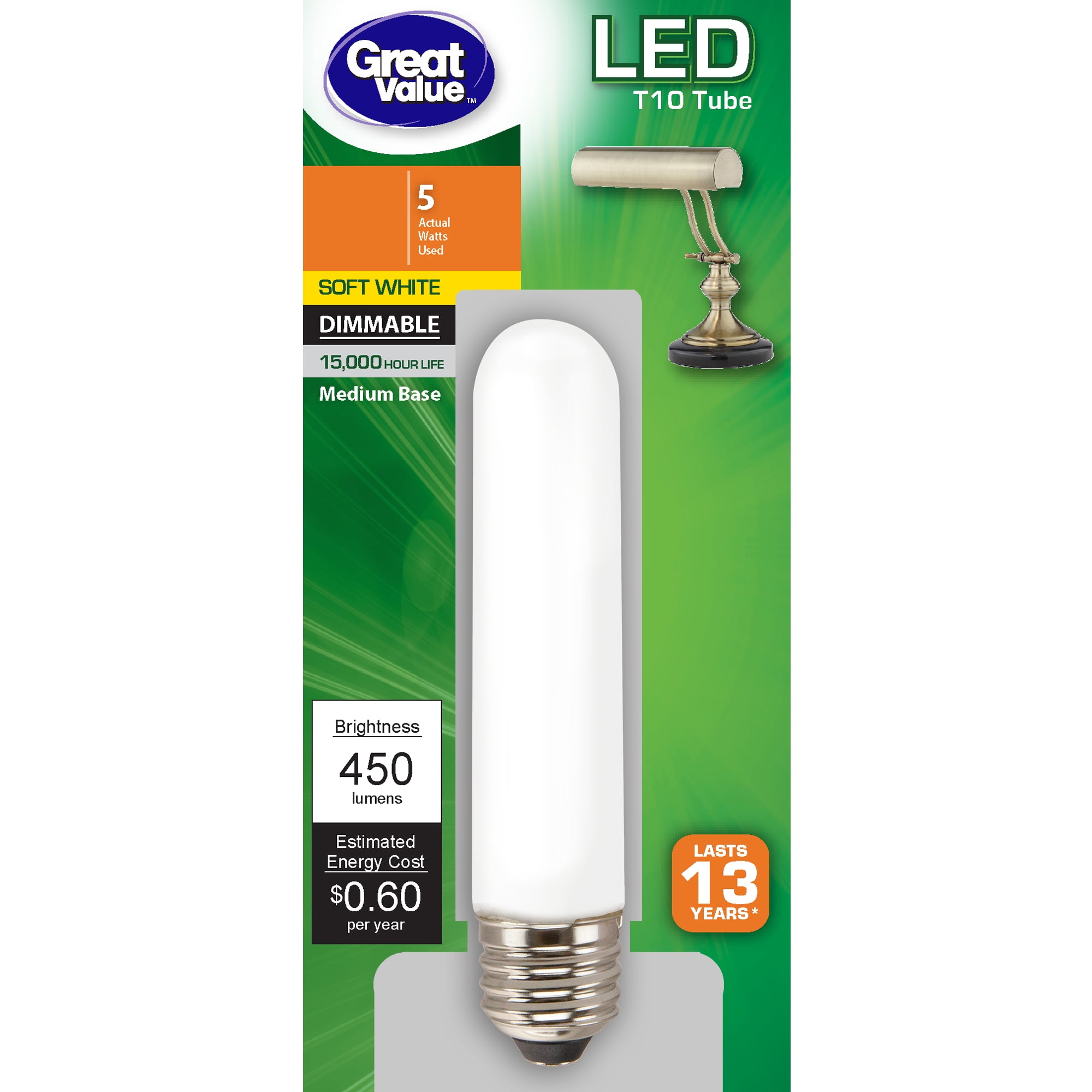 Great Value LED Light Bulb, 5 Watts (40W Equivalent) T10 Frosted Tube