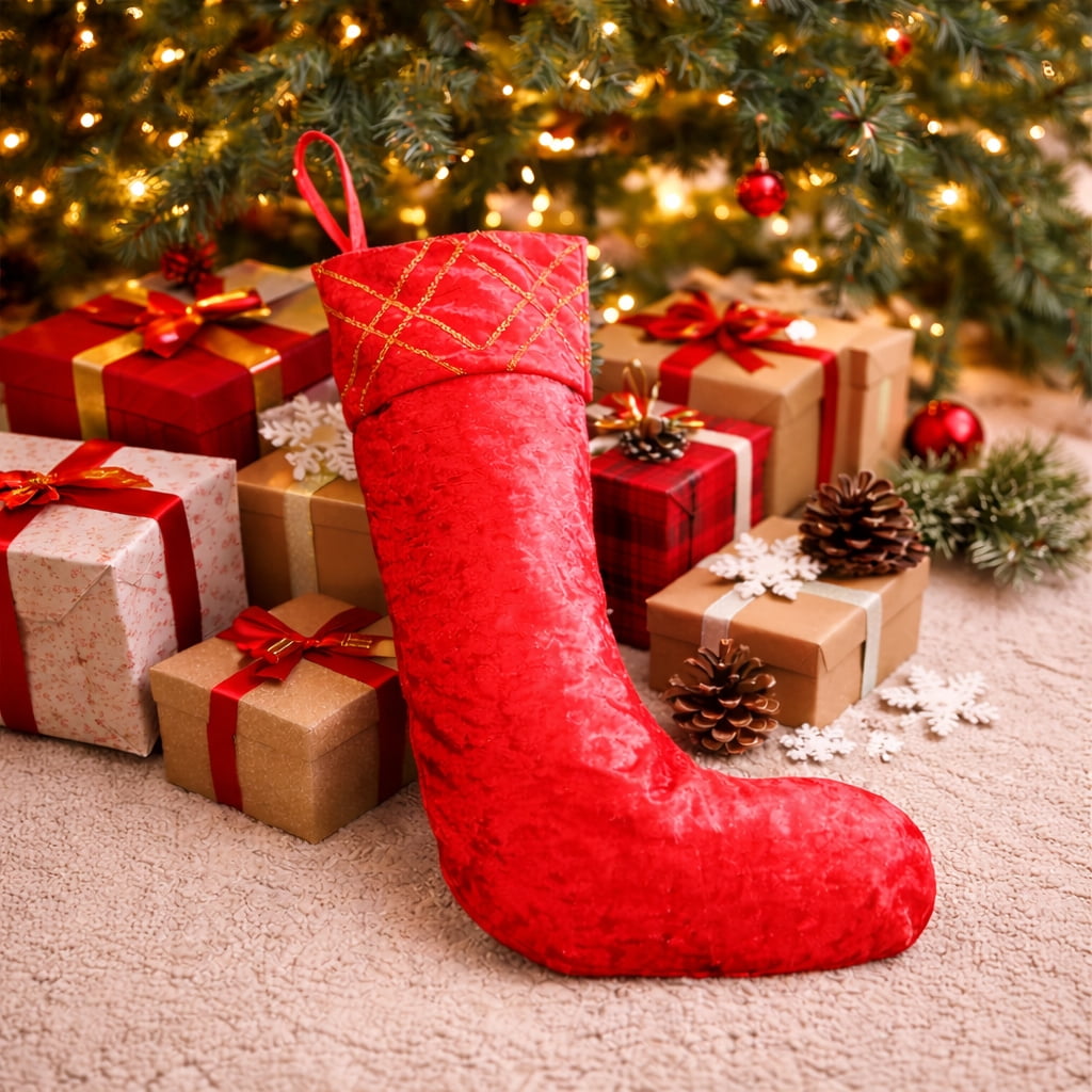 20 in. Red Velvet Christmas Sequin Embroidered Stocking with Stitched Accents