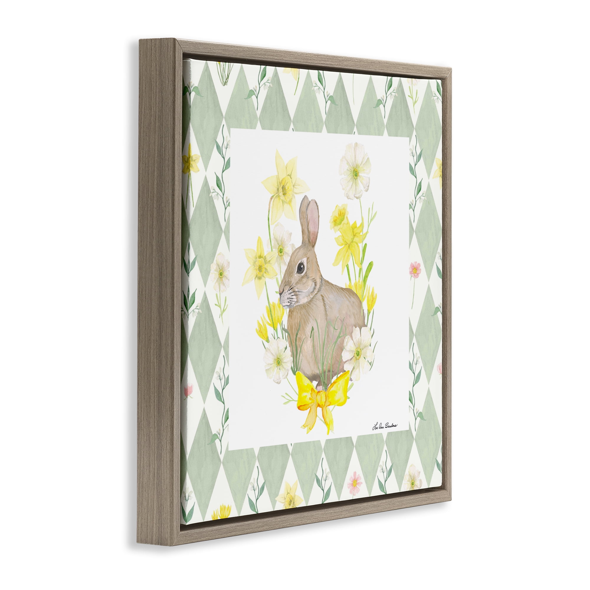 Mother Bunny on Green Argyle Brown Framed Floater Canvas Wall Art, design by Lee Ann Sanders