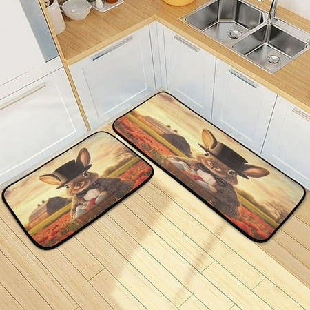 

Kitchen Rug Set 2 Pieces Non Slip Kitchen Mat for Kitchen Home Floor Sink 47 x19 +27 x19 An Easter Bunny