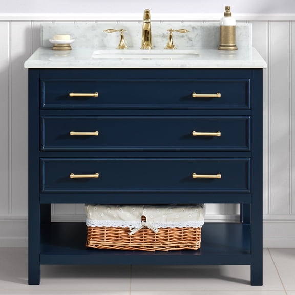 Manhattan 36" Single Bathroom Vanity, 37" W x 22" D x 34.5" H, Carrara Marble Top with Sink & Backsplash, Navy Blue, Solid Wood, Pre-Assembled, 3 Soft-Close Drawers, 1 Shelf.