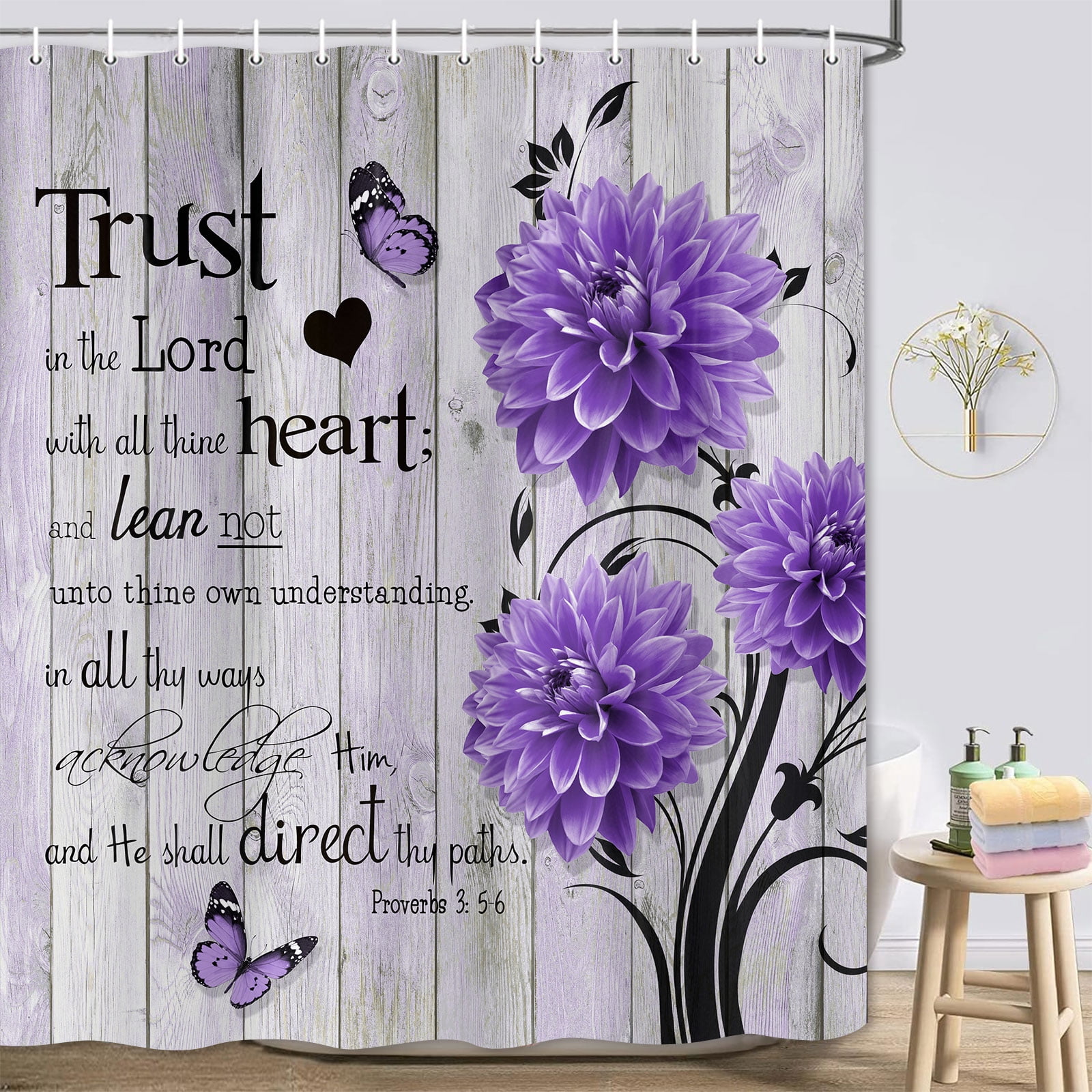 Farmhouse Flower Butterfly Bathroom Curtain, Rustic Purple Floral Dahlia Wooden Shower Curtain, Inspirational Quote Bath Curtain, Washable Fabric Shower Curtain Set with Hooks 47X64in