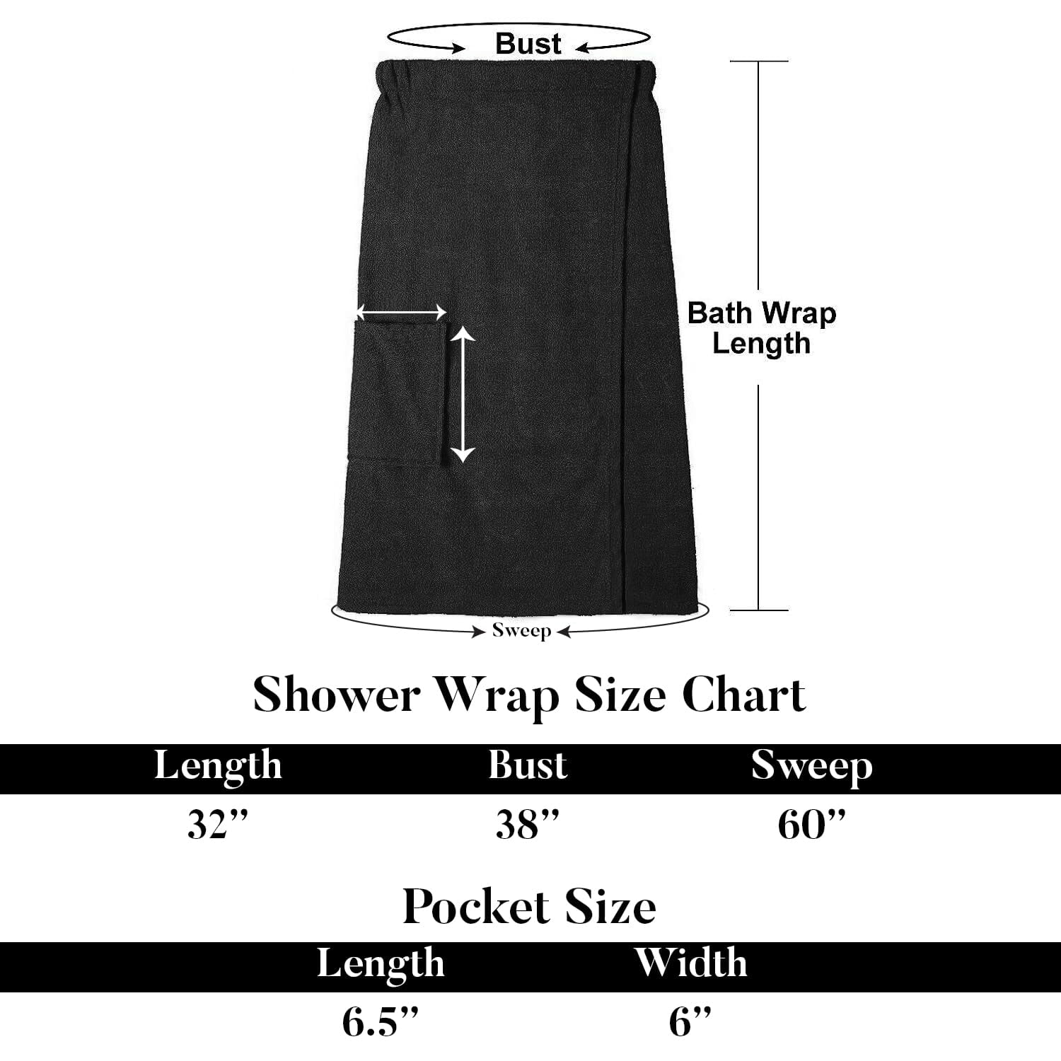 Dan River Shower Wrap With Pocket Pack of 1 Lightweight Terry Cotton Bath Towel Wrap - Black, 32X60in