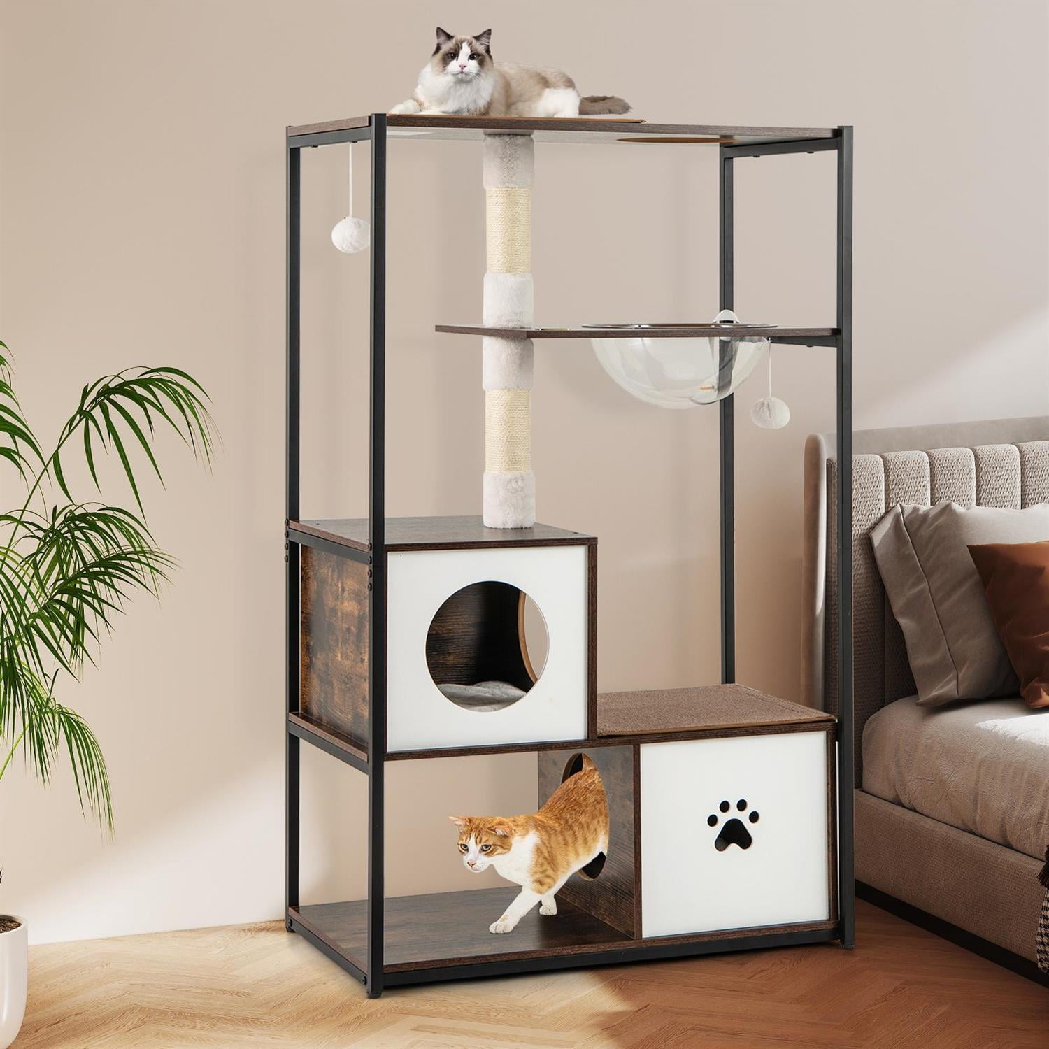 Pefilos 52" Tall Wooden Cat Tree, Metal Frame & 2 Condos, Clear Capsule & Sisal Posts, Coffee (Brown)