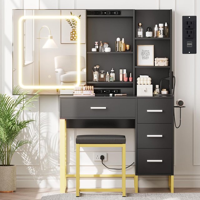 Vanity Desk with Sliding LED Mirror & Lights, Power Outlet, 4 Drawers & Stool for Bedroom