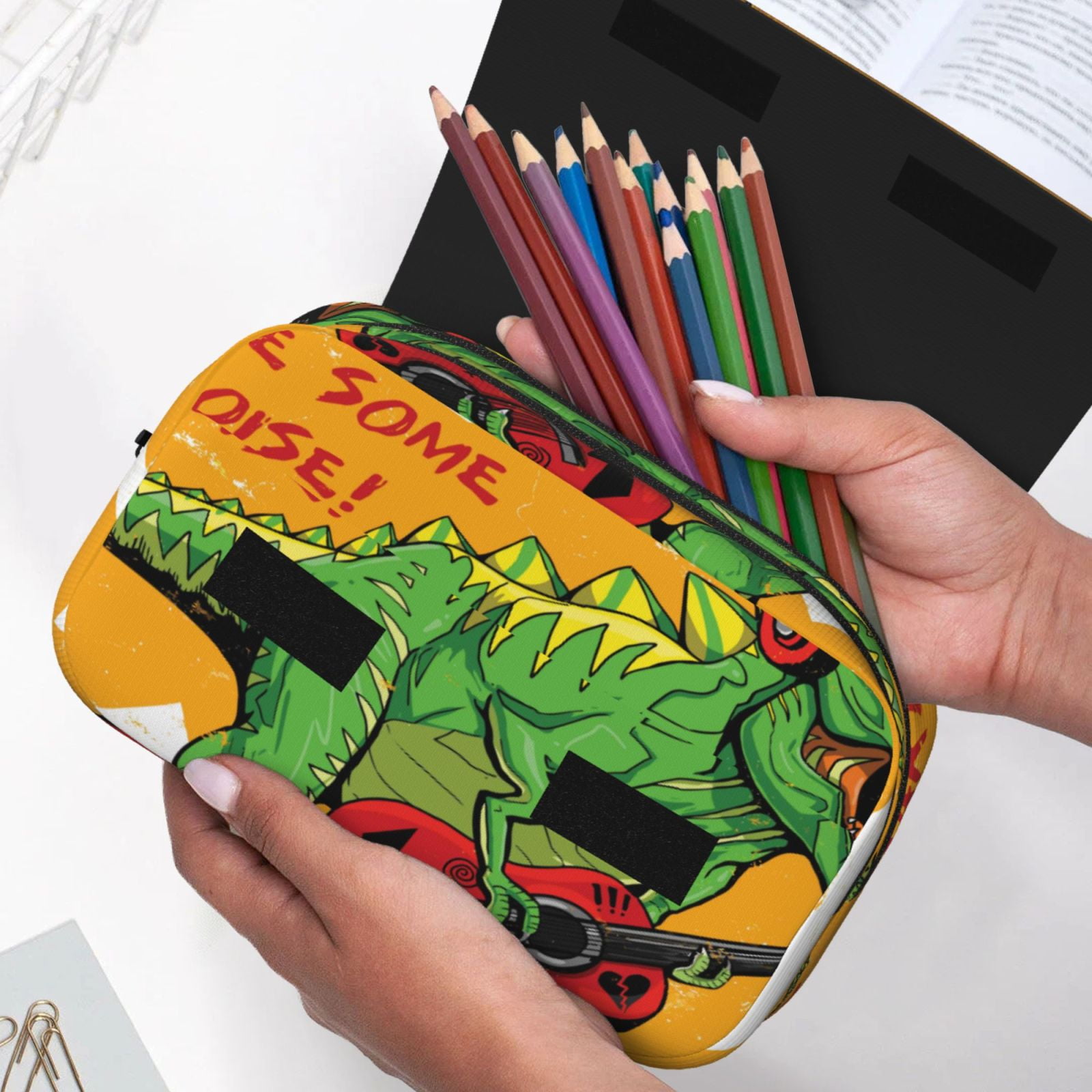 Rateoe Cool Dinosaur Playing Guitar Pattern Double Clamshell Pen Case, Storage Organizer with Two Zipper Compartments– Holds Up to 50 Pencils & Pens