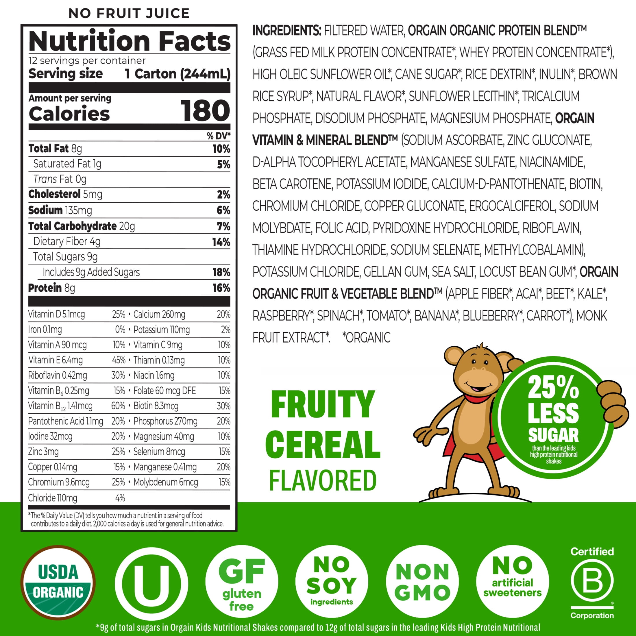 Orgain Organic Kids Nutritional Dairy Protein Shakes, Fruity Cereal, 8.25 Fl Oz, Pack of 12