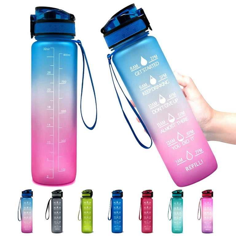 Hanmir 32oz Motivational Water Bottle with Time Marker with Straw Drinking Water  Bottles Leakproof Tritan Fitness Sports Water bottle for Gym Camping  Outdoor（Dark Blue) 