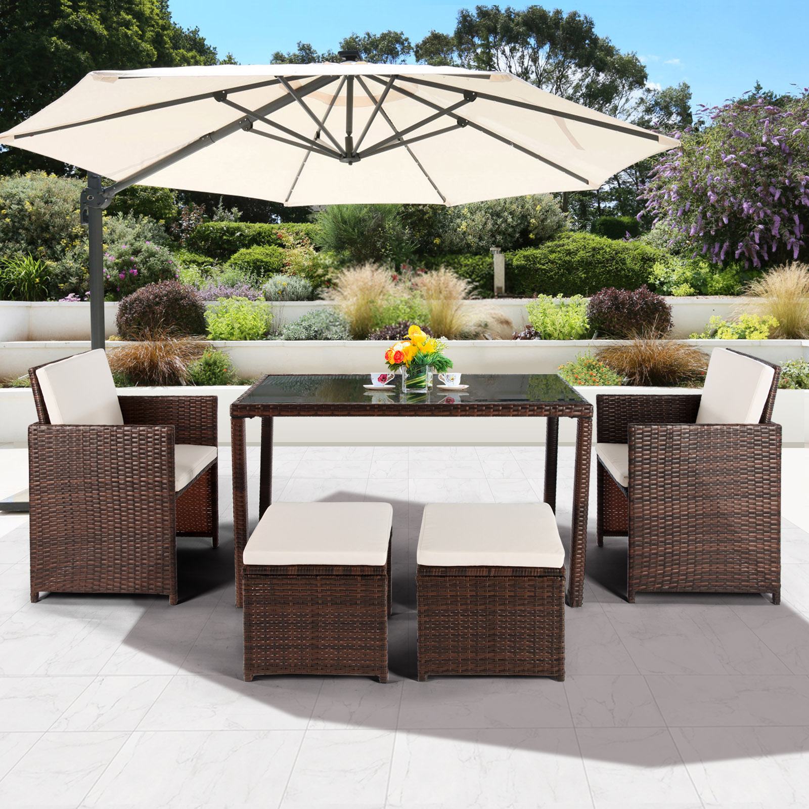 5 Piece Patio Dining Set with 2 Wicker Armchairs, 2 Ottomans, Dining Table, All-Weather Space Saving Patio Conversation Furniture Set with Cushions for Backyard, Lawn, Garden, Poolside, LLL125 - image 1 of 10