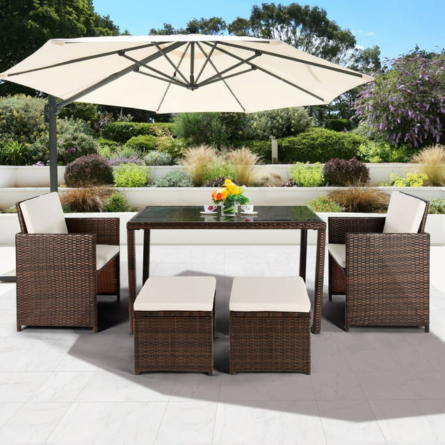 Outdoor Patio Dining Set, 5 Piece Patio Furniture Set with 2 Wicker Armchairs, 2 Ottomans, Dining Table, All-Weather Outdoor Conversation Set with Cushions for Backyard, Lawn, Garden, Poolside, LLL120