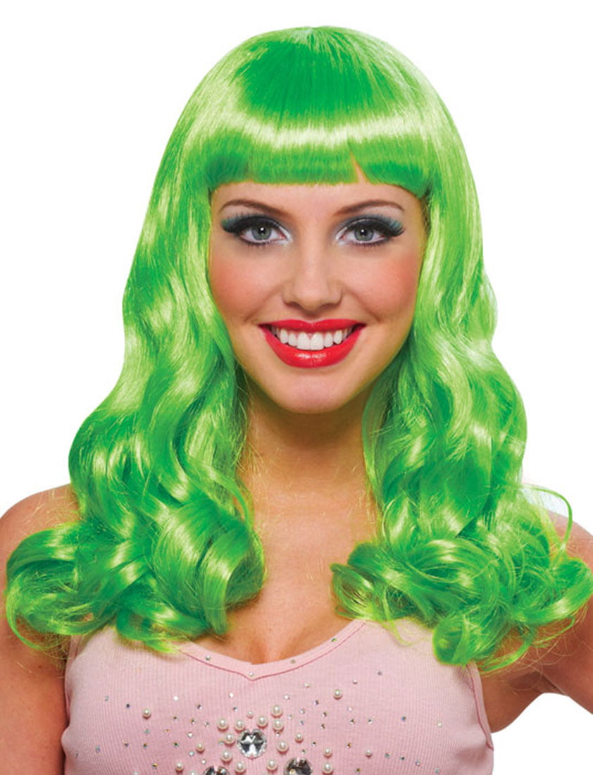 Green Desire Wig Long Curly w/ Fringe Adult Womens Smiffys Fancy Dress Costume 