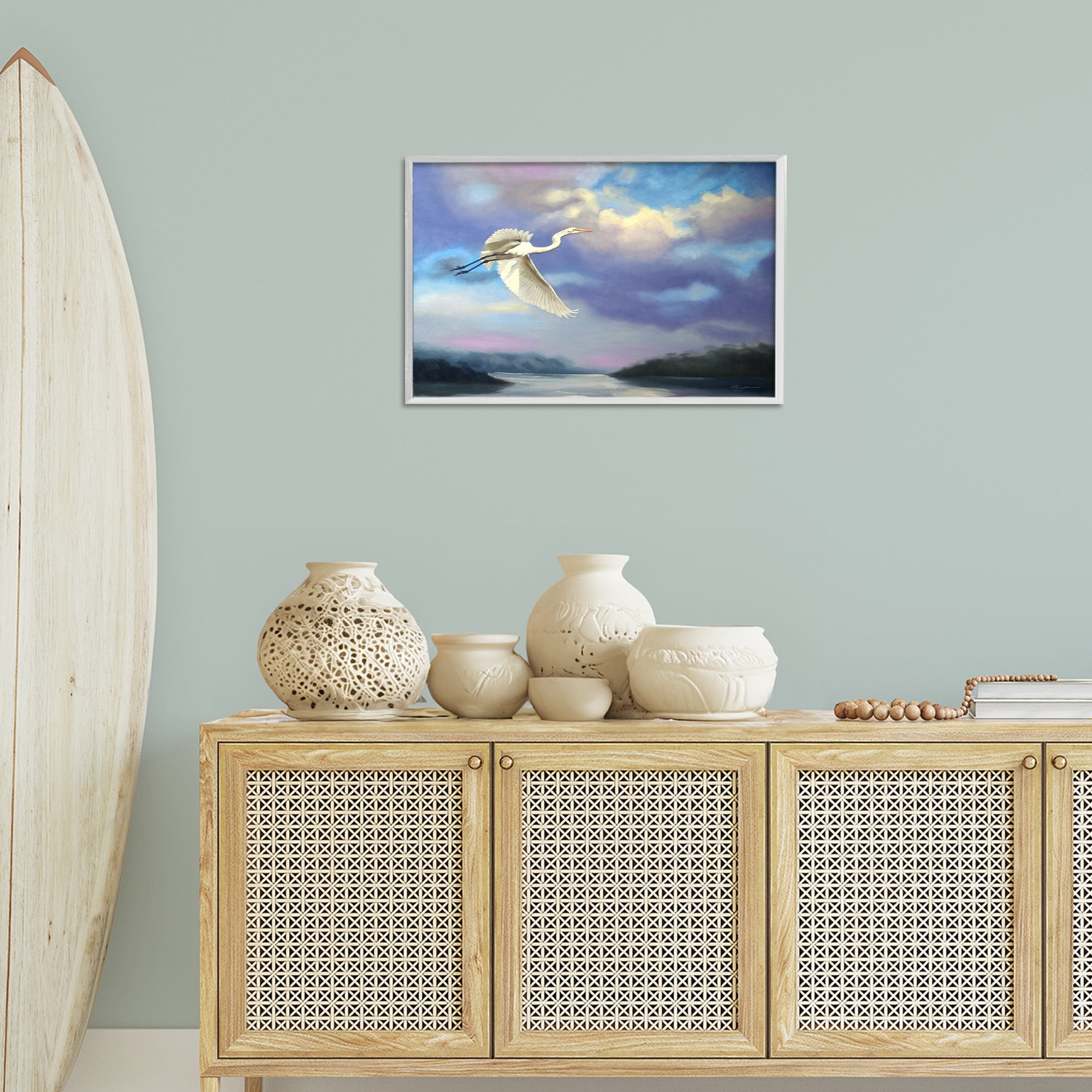 Stupell Industries Egret Over Clouds Landscape Painting White Framed Art Print Wall Art, 24 x 16