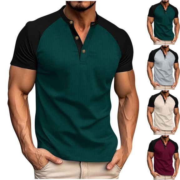 Mens Waffle Short Sleeve Henley Shirts Color Block Casual Band Collar Raglan T-Shirts Slim Fit 3 Button Pullover Summer Beach Vacation Tops Father's Day Gift