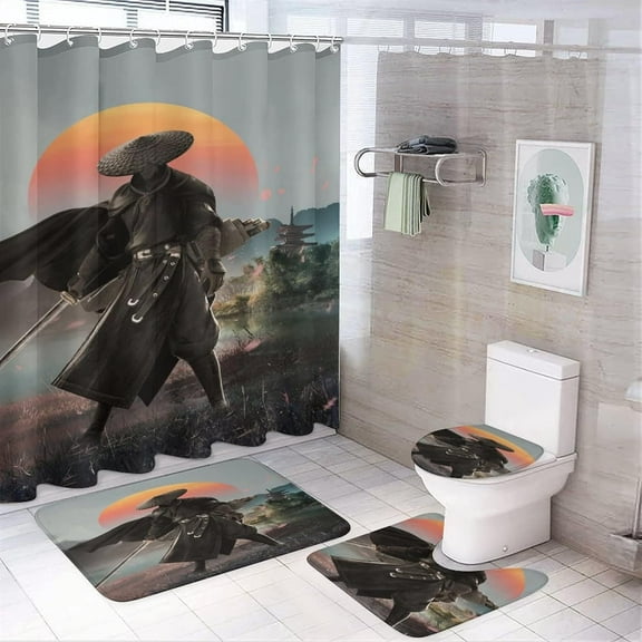 Vintage Japanese Samurai 4 Piece Shower Curtain Sets, Non-Slip Rugs, Toilet Lid Cover and Bath Mat, Durable and Waterproof, for Bathroom Decor Set One Size