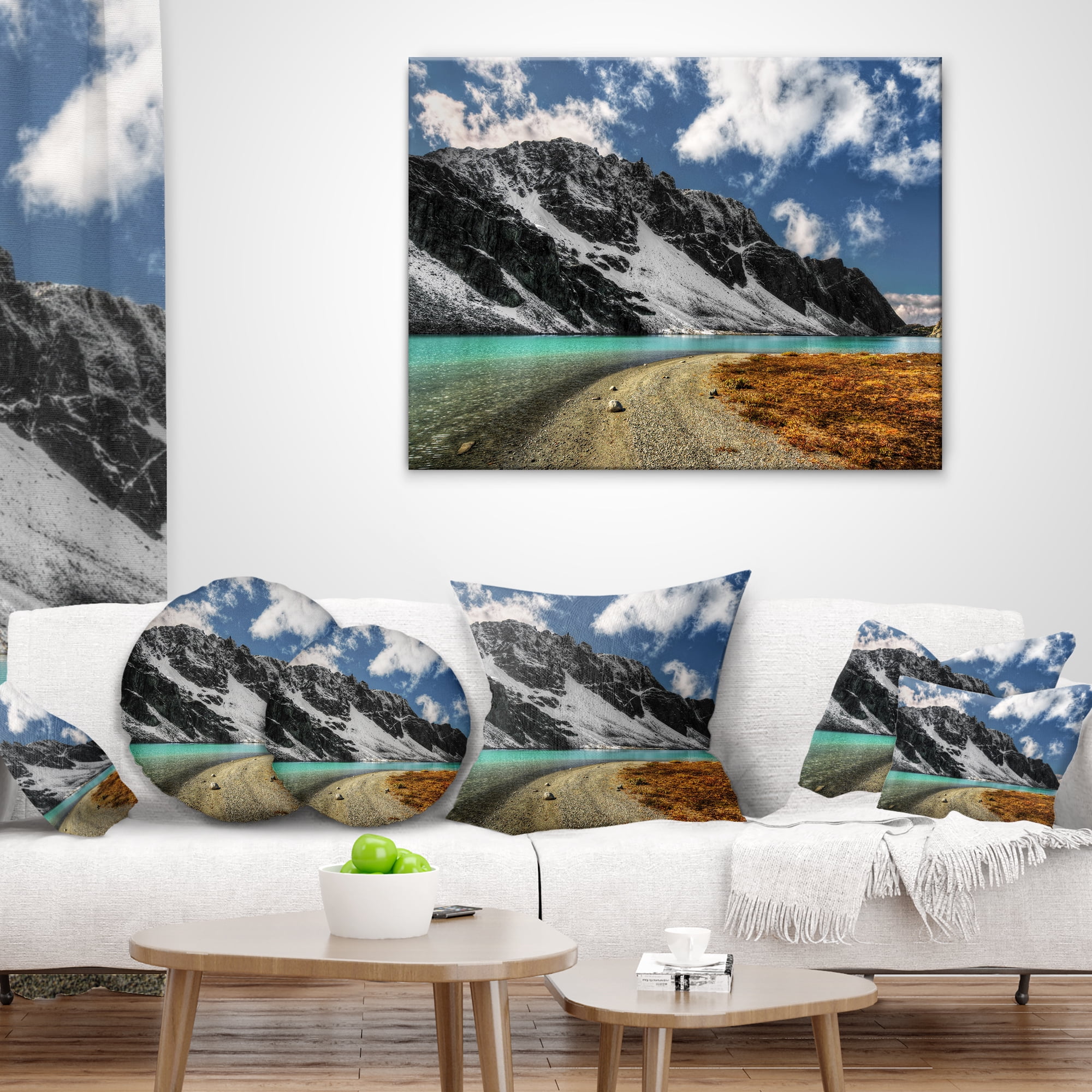 Designart Bright Sky and Blue Mountain Lake - Landscape Printed Throw Pillow - 16x16