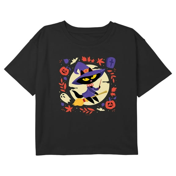 Girl's Paul Frank Halloween Mika the Cat Witch Graphic Cropped T-Shirt Black Small