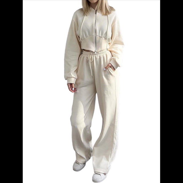Conjunto Deportivo para Mujer: Sudadera con Capucha y Cremallera de Larga con Pantalones de Color Liso con Cordones - Conjunto de Dos Piezas Albaricoque XL