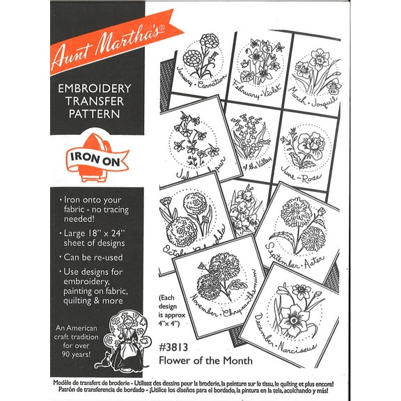 Aunt Martha's Flowers of The Month 3813 Iron on Embroidery Pattern