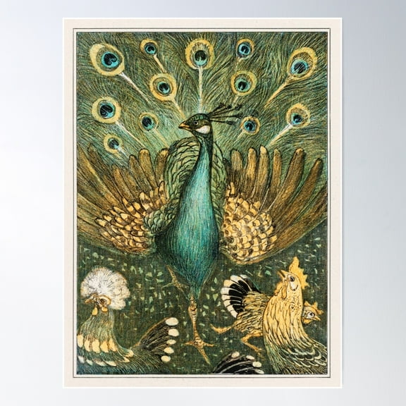 Peacock Vintage Detailed Illustration Poster Wall Art, Modern Wall Decor For Living Room Bedroom, 16x24 UNFRAMED