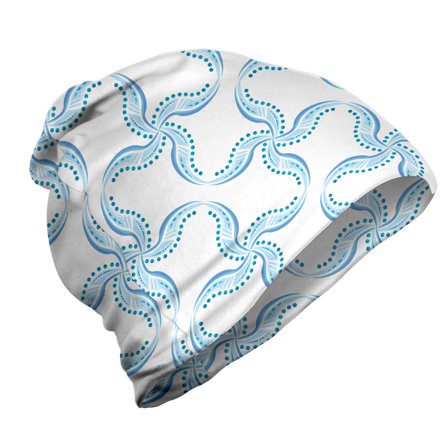 Swirly Unisex Beanie, Wavy Leaf Petals of Dots, Hiking Outdoors, Pale Azure Blue and White, by Ambesonne