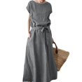 thumbnail image 2 of ZenCart Women's Boho Cotton Linen Maxi Dress Summer Short Sleeve Round Neck Long Dress with Belt And Pockets Casual Beach Sundress, 2 of 8