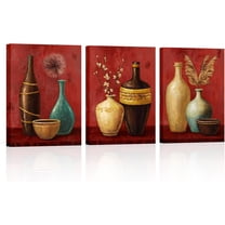 Hieng Vintage Vase Wall Art Farmhouse Flowers Pampas Grass Painting Canvas Pictures Retro Brown Aesthetic Artwork Living Room Bedroom Decor Unframed