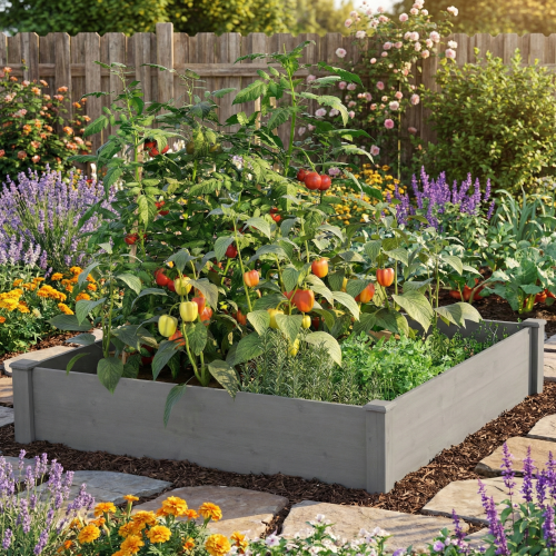 Howcool Outdoor Raised Garden Bed, Square Wooden Planter Box for Vegetables & Flowers, Above Ground Gardening Bed, Tool-Free Easy Assembly for Backyard Patio, Gray,48x48x10''