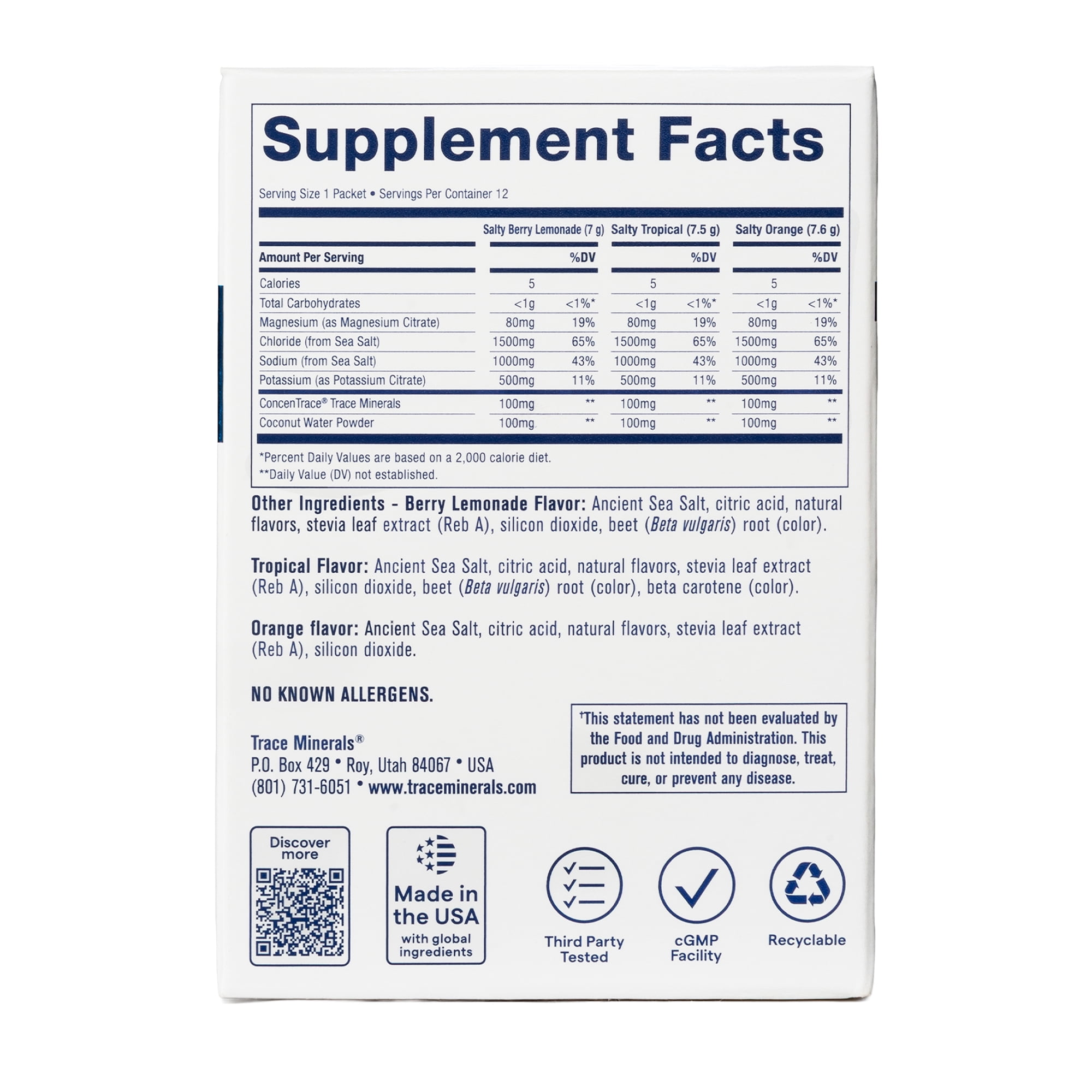 Trace Minerals Hydro Pak Zerolyte Electrolyte Drink Mix Variety Pack for Hydration, Stamina and Energy, Berry Lemonade, Tropical and Orange