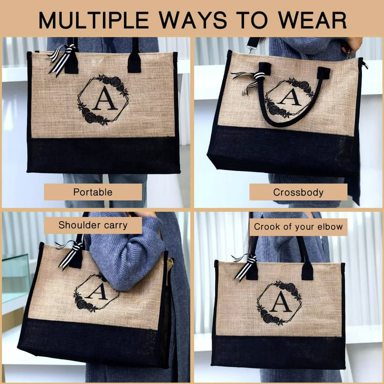 TINGN Initial Jute Beach Travel Tote Bag with Zipper Adjustable Strap  Embroidery Unique Gifts For Her Mothers Day Birthday Gifts for Her 