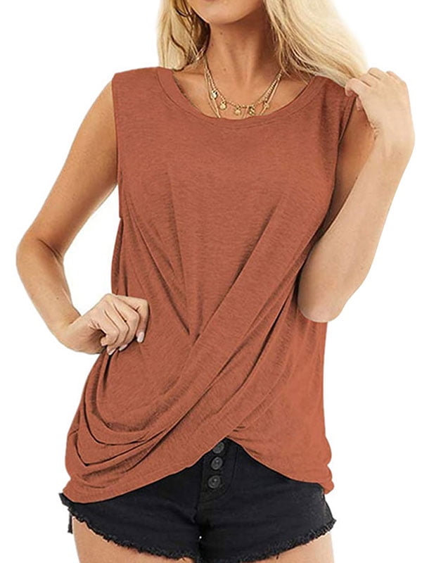 Women Solid Color Sleeveless Round Neck Twist Hem Top - Walmart.com