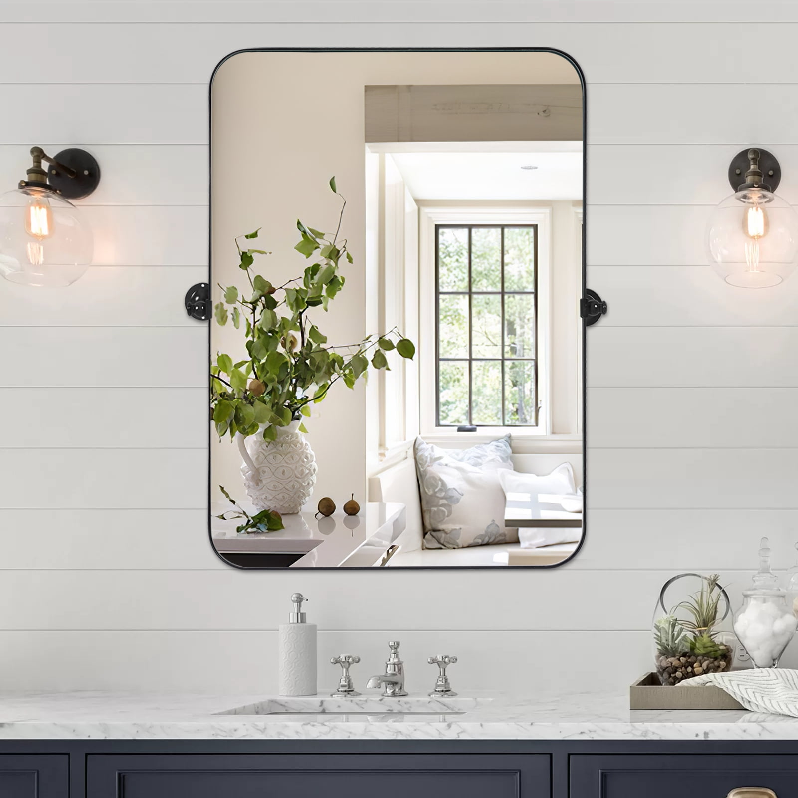 MAYEERTY 36"×24" Black Iron Rectangular Wall Mirror Rounded Corners, Rotating Hardware for Bathroom or Bedroom