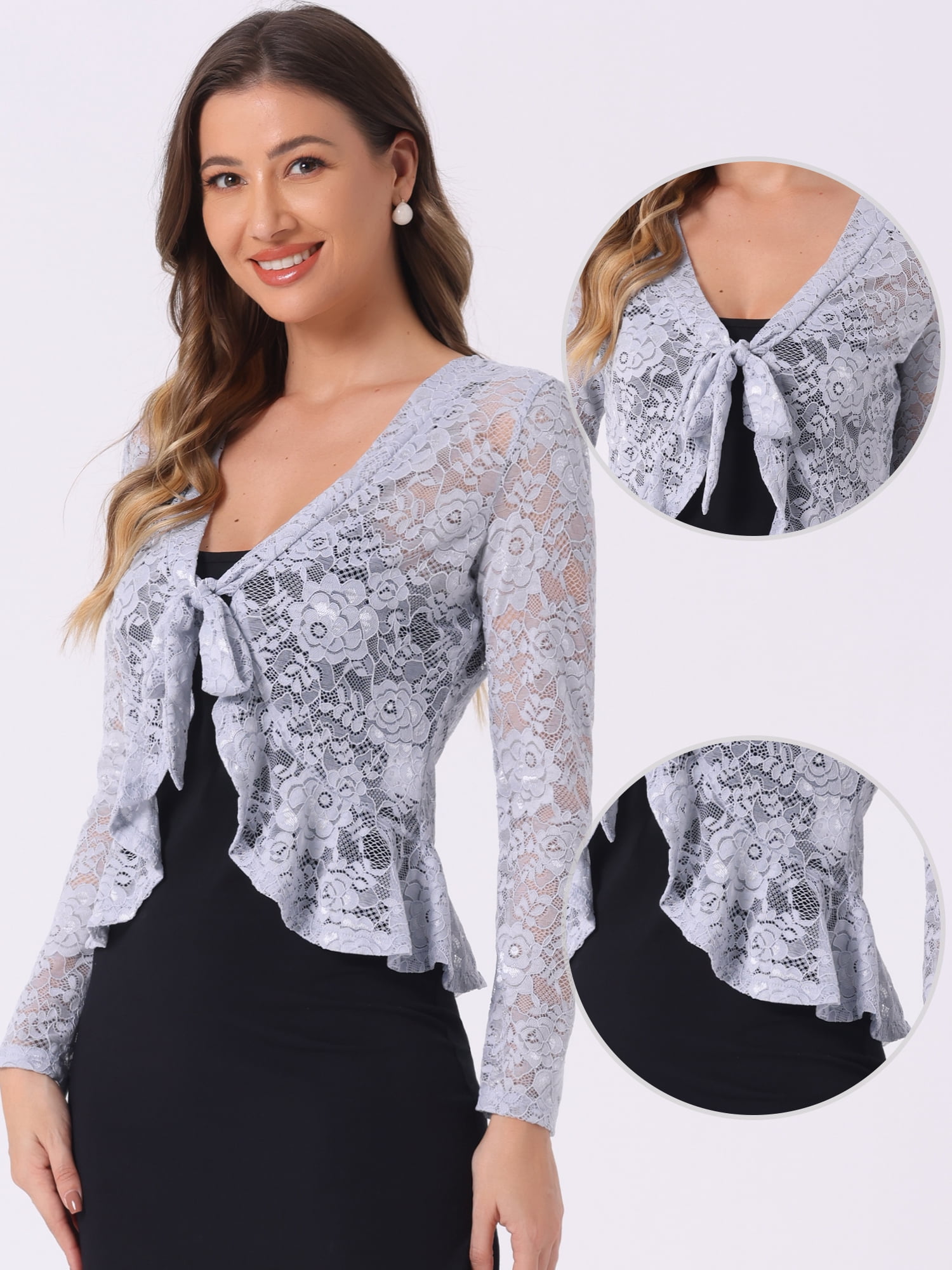 DARING DIVA Women's Ruffled Hem Floral Lace Crop Shrug Cardigan S Dusty Grey