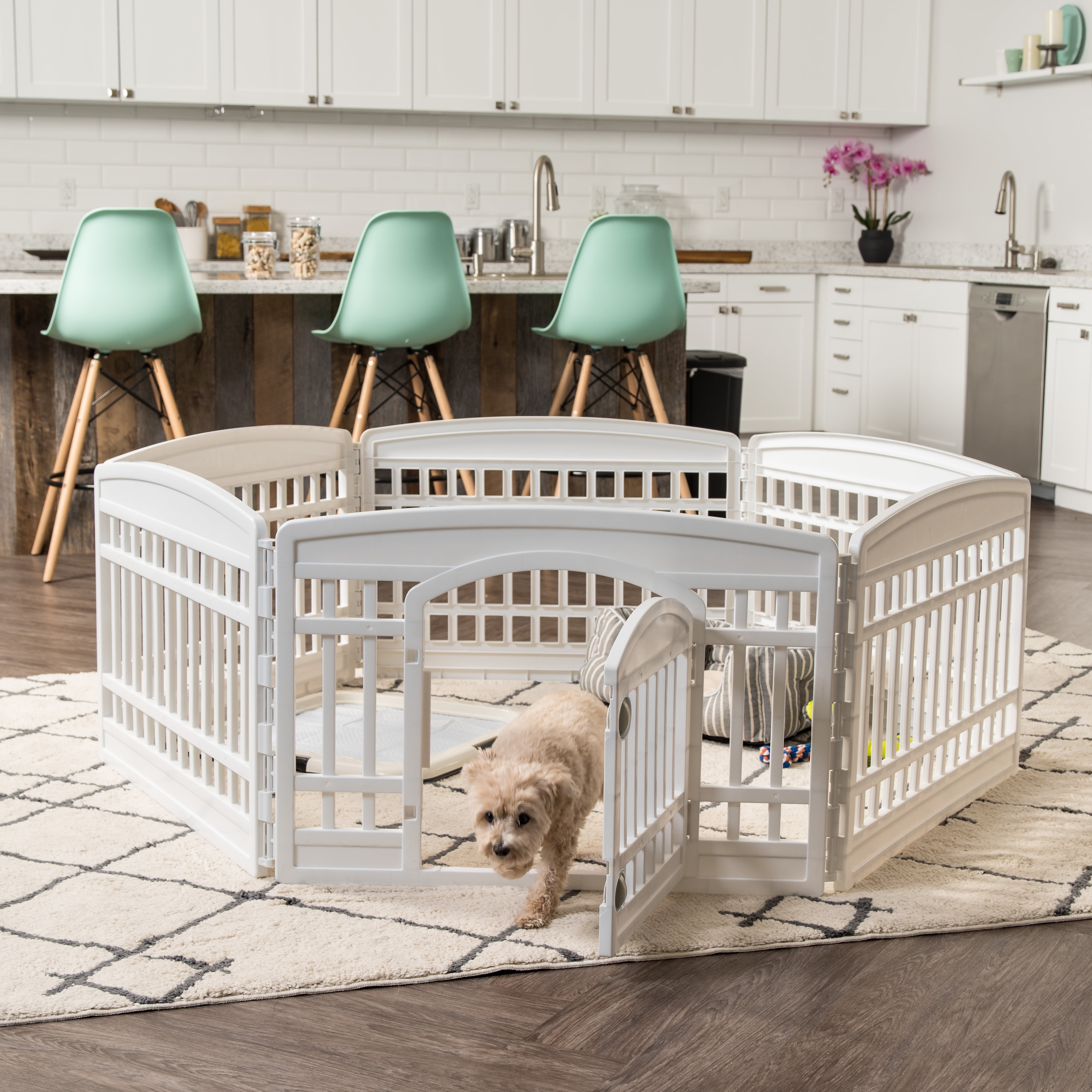IRIS USA 24" Exercise 6-Panel Pet Playpen with Door, Dog Cat Playpen For Puppy Small Dogs Keep Pets Secure Easy Assemble Easy Storing Customizable Non-Skid Rubber Feet, White