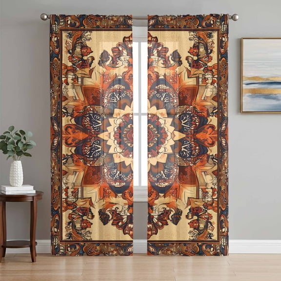 Sheer Curtains 72 Inches Long, Bohemian Flower Light Filtering Window Curtains for Living Room, Boho Tribal Colorful Distressed Printed Rod Pocket Voile Sheer Curtain Drapes, 52"W x 72"L, 2 Panels