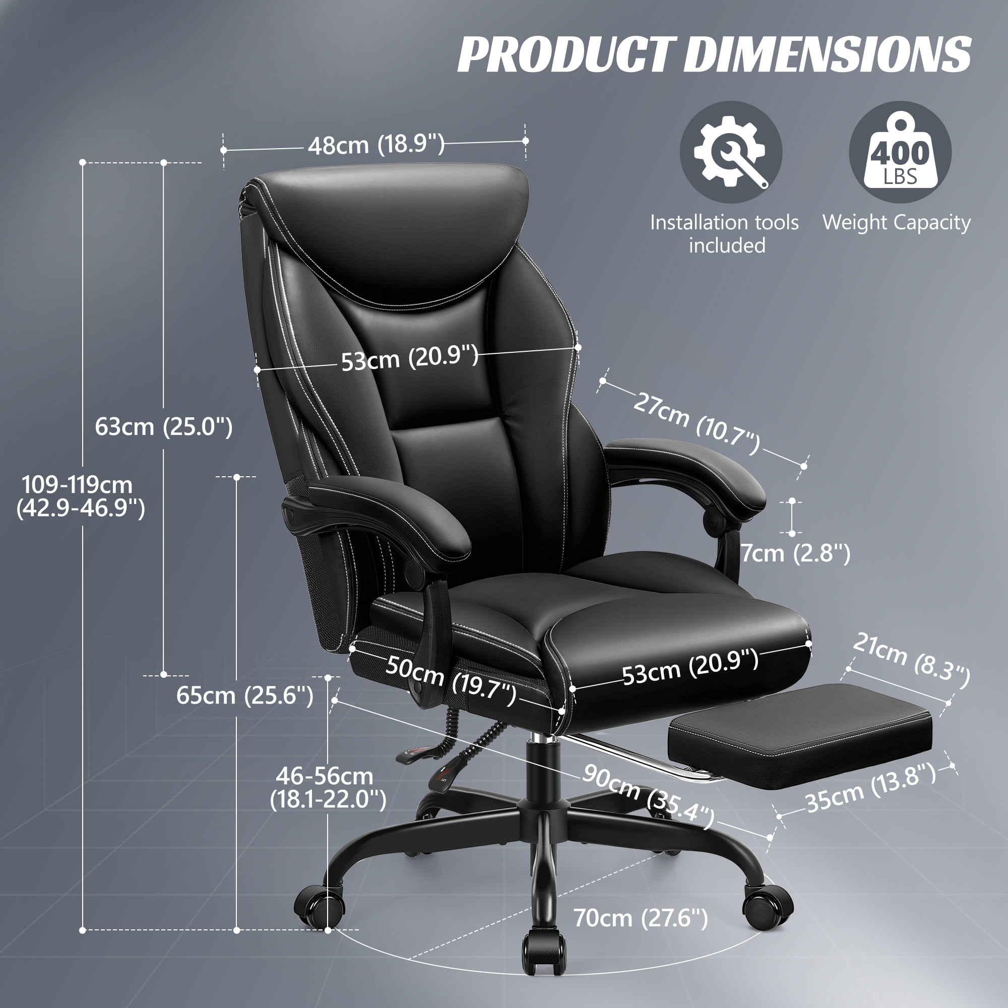 ATHOPE Leather Office Chair 400Lbs, Executive Office Chair with Footrest High Back Support, Big and Tall Ergonomic Desk Chair, Adjustment Computer Chair 360°Swivel Free, Black