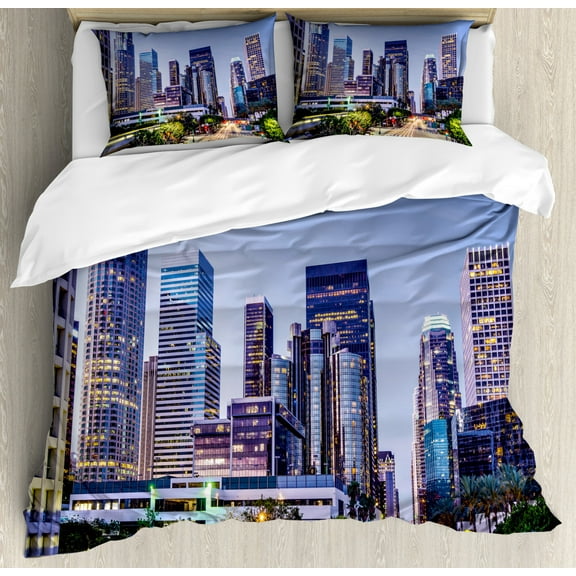 City Duvet Cover Set Queen Size, Los Angles California Skyline Urban USA Cityscape Skyscrapers Highway Avenue Trees, Decorative 3 Piece Bedding Set with 2 Pillow Shams, Multicolor, by Ambesonne