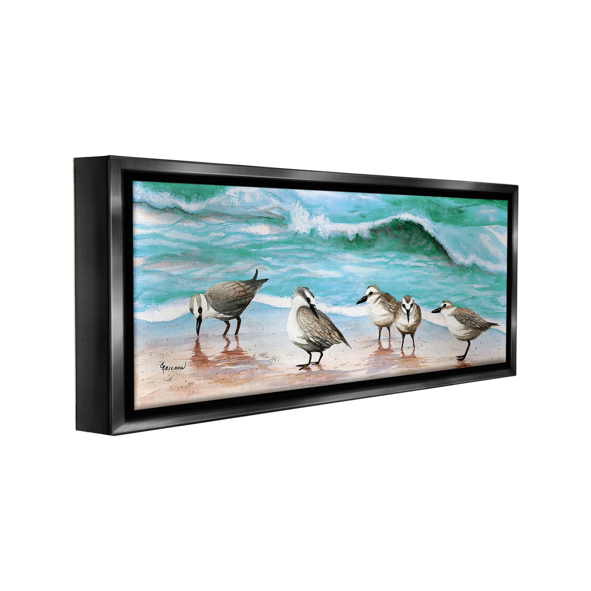 Stupell Industries Sandpipers Along Beach Shore Animals & Insects Painting Black Floater Framed Canvas Art Print Wall Art, 25 x 11