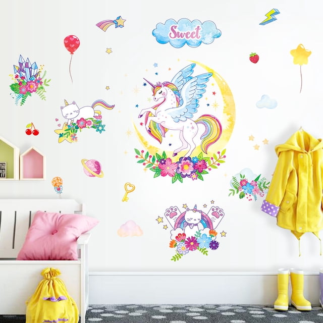 Adhesivos de pared con forma de unicornio, arcoíris coloridos, 60 x 90 cm, PVC