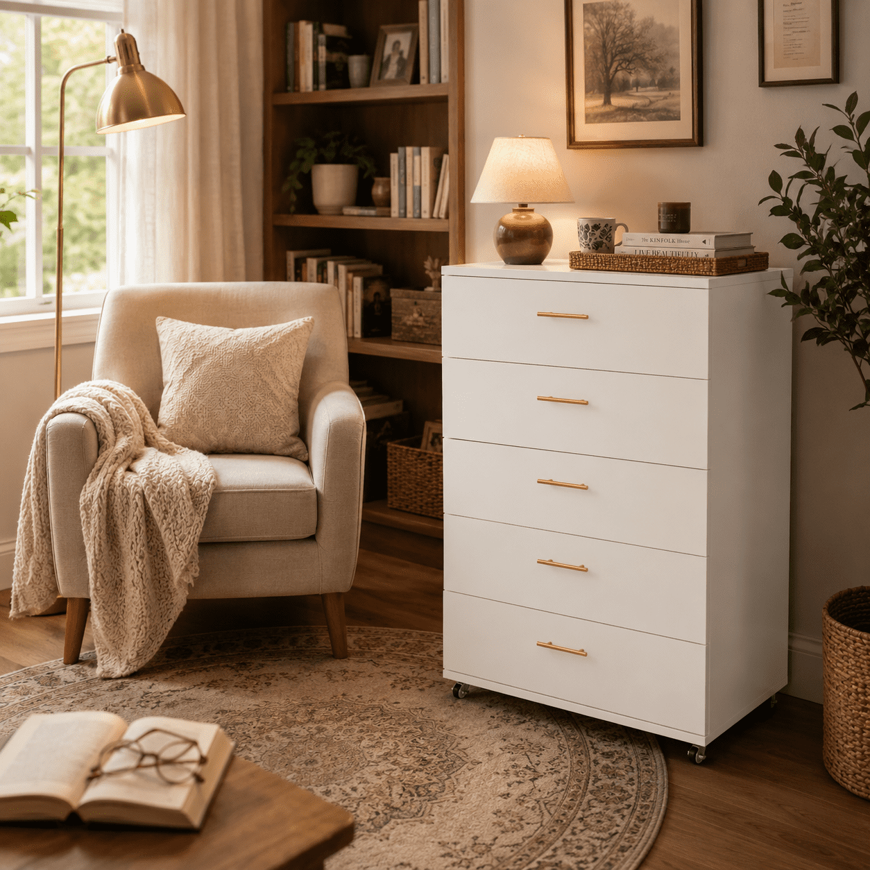 Homy Casa White 5 Drawer Dresser with Gold Handles for Bedroom Nursery