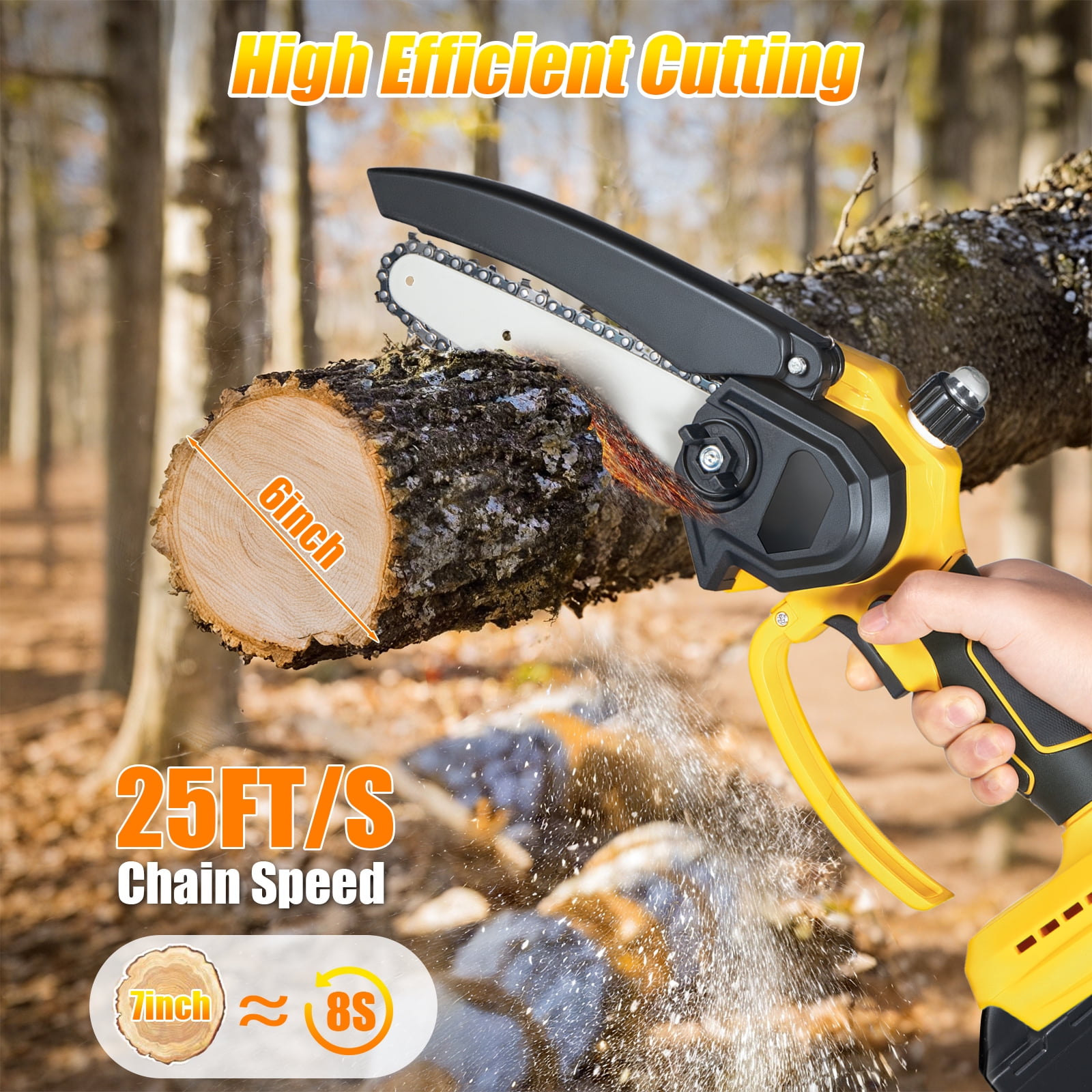 Paddsun Mini Chainsaw, 6 Inch 21V Cordless Electric Chainsaw Portable Handheld with 2 Batteries 2 Chains
