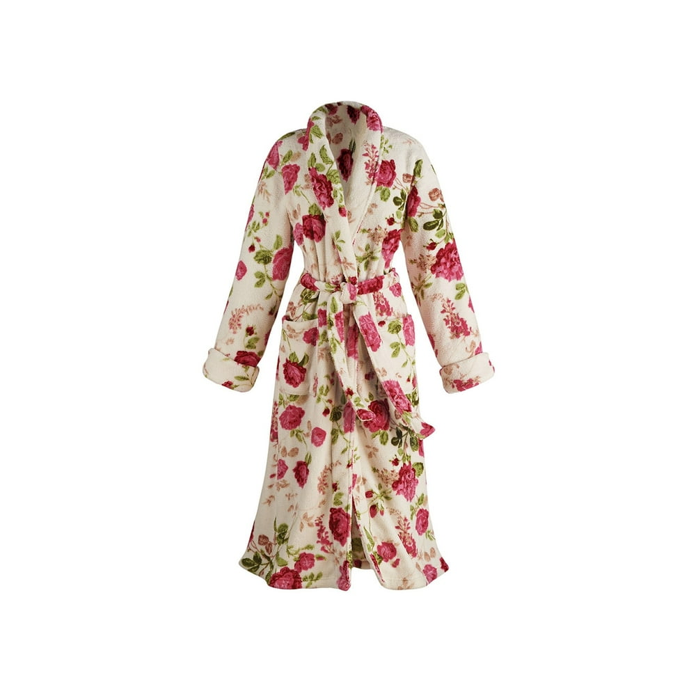 Catalog Classics Women's Rose Print Long Robe Floral Shawl Collar